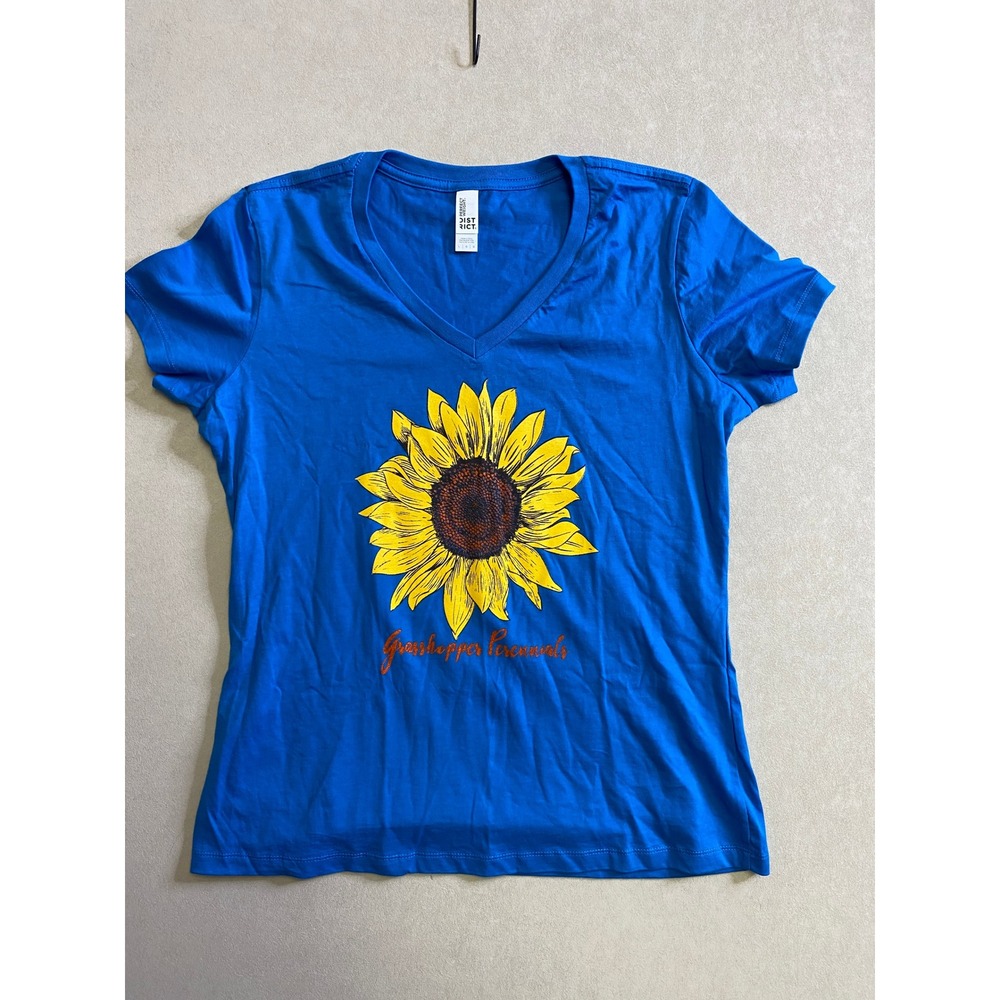 District Perfect Weight Sunflower Graphic V-Neck T-Shirt Blue Size L